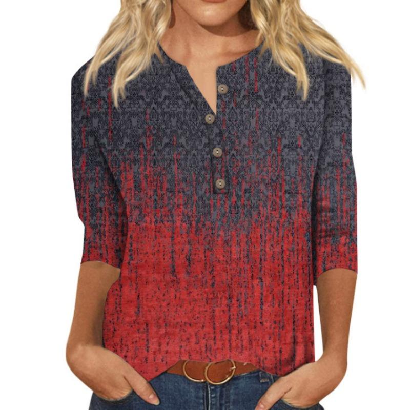 

Топ с V-образным вырезом на пуговицах с 3D-принтом, модные повседневные женские футболки с длинным рукавом S