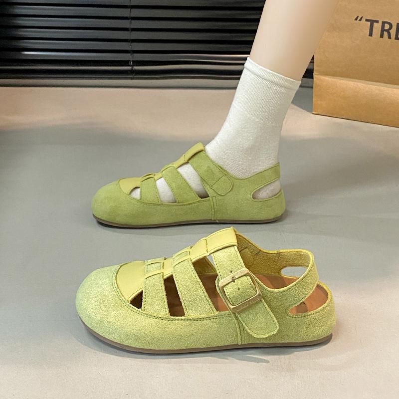 Fashion Women's Casual Round Head Flat Shoes Summer New Baotou Cow Suede Metal Buckle Soft Sole Anti-slip Wear-resistant Sandals