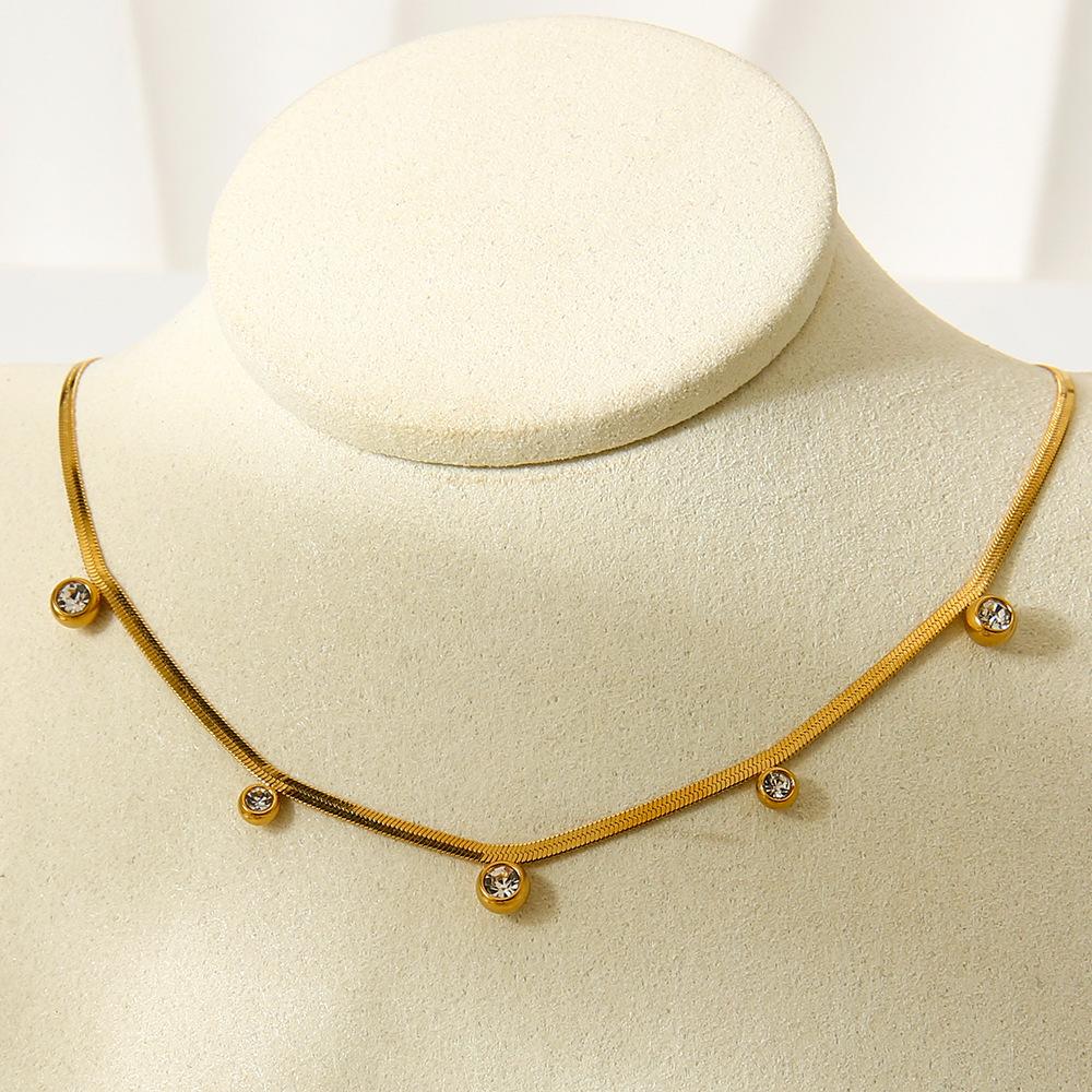 Ins Simple Round Zircon Tassel Flat Snake Chain Necklace Stainless Steel Electroplating 18K Gold Fashion Jewelry Women