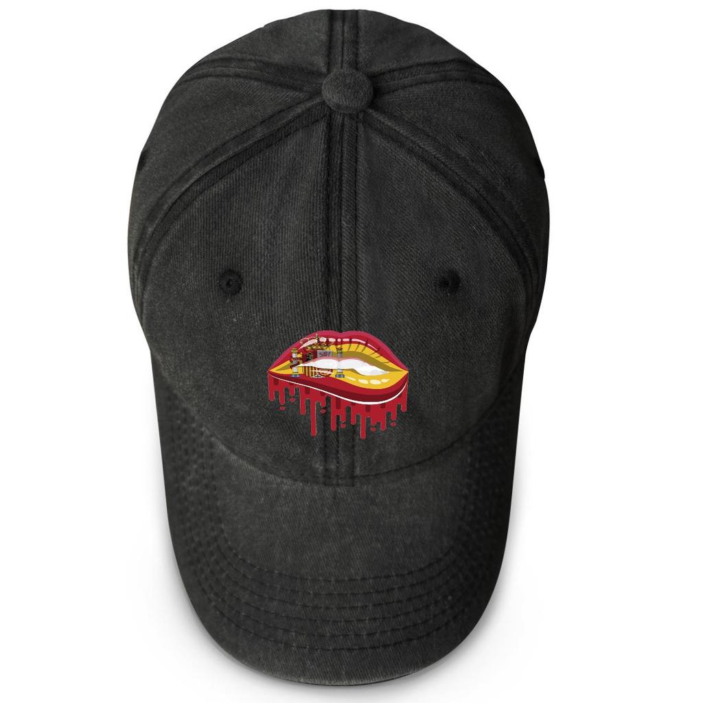 Spain Flag Lip Print Snapback Baseball Hat, Patriotic Sports Hat Vintage Hip Hop Breathable Distressed Adjustable Baseball Cap