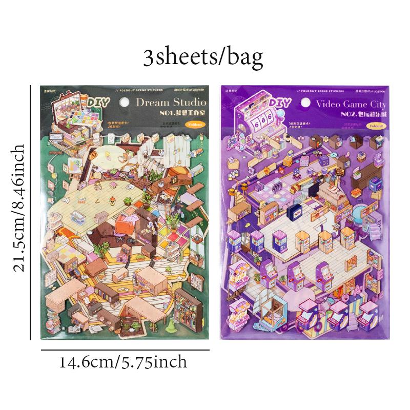 2 Bags Folding Scenery DIY Stickers Collage Decoration Suitable for Office Cups Stationery Boxes Stickers Diary Gift Decoration