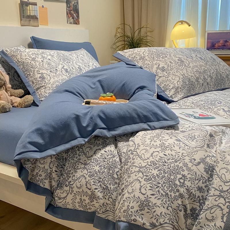 Category A Maternal and Infant Grade Washed Cotton and Linen Bed Cotton Four-piece Set and Three-piece Set Pure Cotton Bed Sheet and Quilt Cover