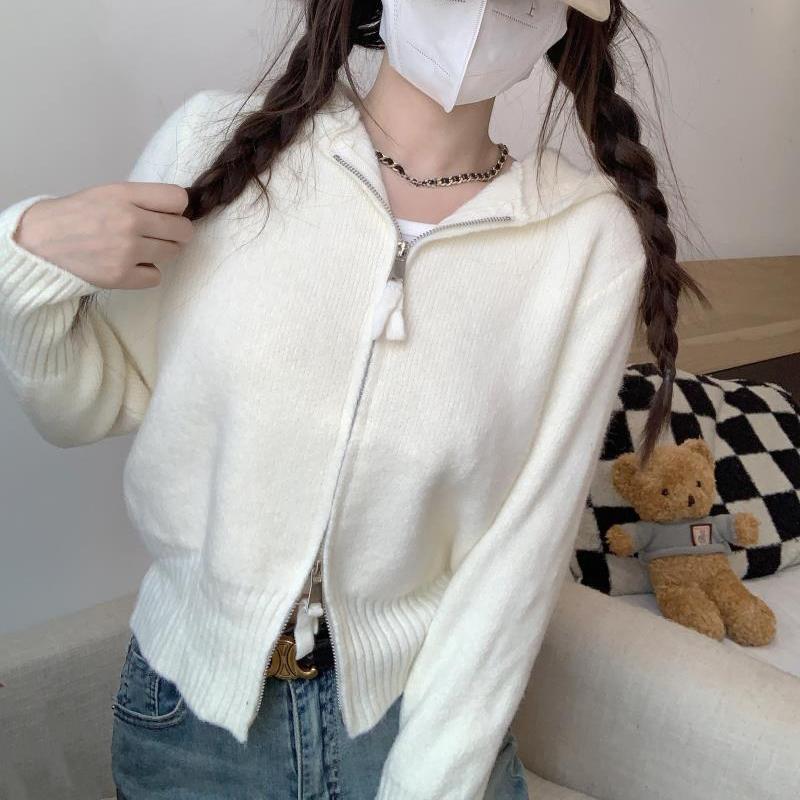 Pure Desire Wind Grey Zipper Shoulder Hooded Knitted Cardigan Women's Autumn Short Sweater Top Sweater Coat