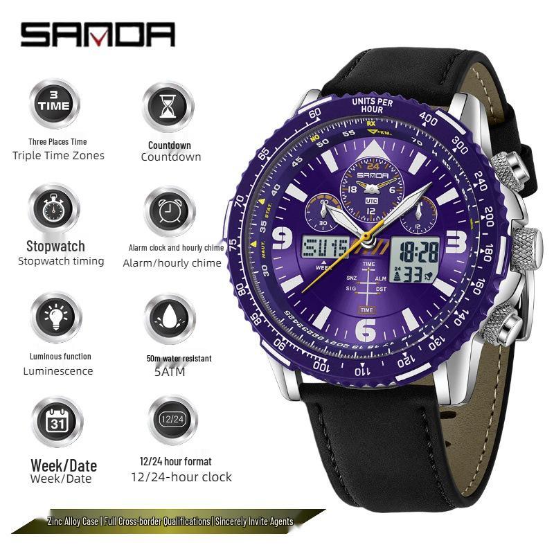 

Sanda Waterproof Triple-Time Zone Student Watch with Alarm, Luminous Dual Display & Multifunctional Features for Outdoor Activities