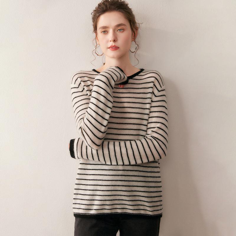 2025 Autumn/Winter Women's Color Block Stripe Cashmere Sweater - Loose Knit Round Neck Long Sleeve Fashion Base Layer