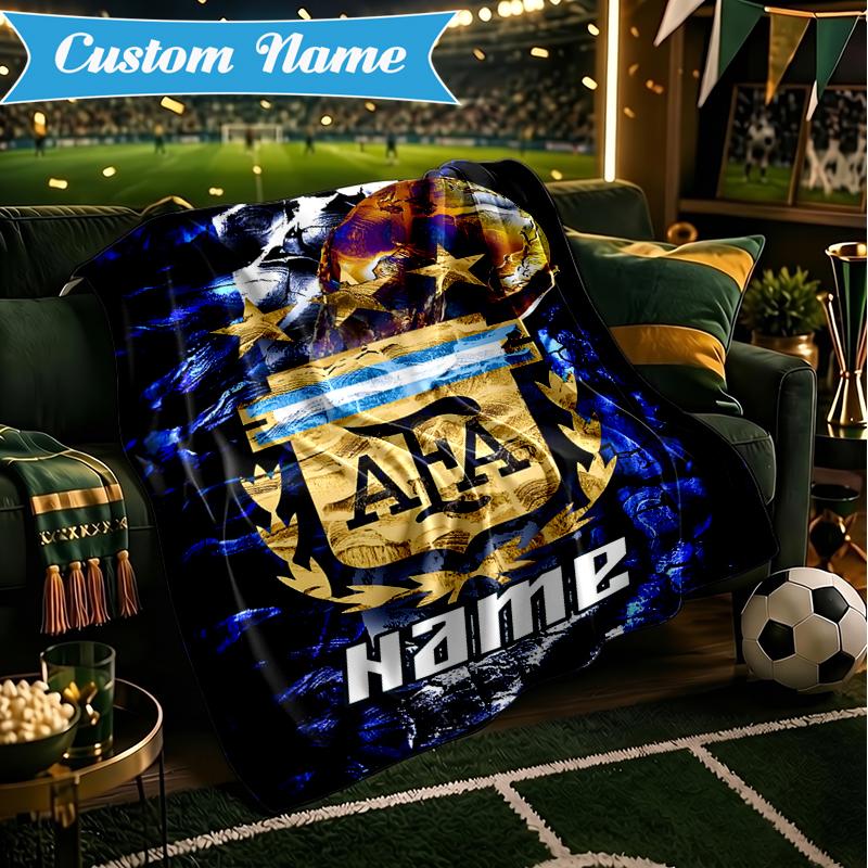 Custom Name Argen-tina Football Crest Blanket Lightweight Ideal Bedding Blanket Perfect for Travel, Camping, Living Rooms, Sofas, Christmas Gift