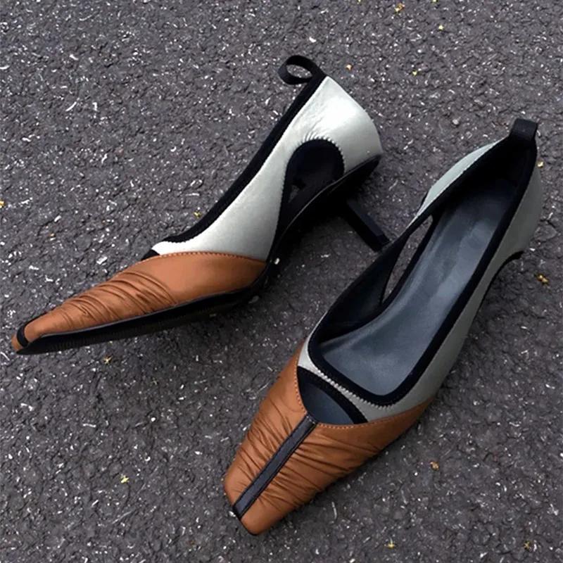 Fashion Luxury Satin Pleated Designer High Heels Women Autumn Retro Hollow Thin Heels for Women Elegant Banquet Square Toe Women Pumps