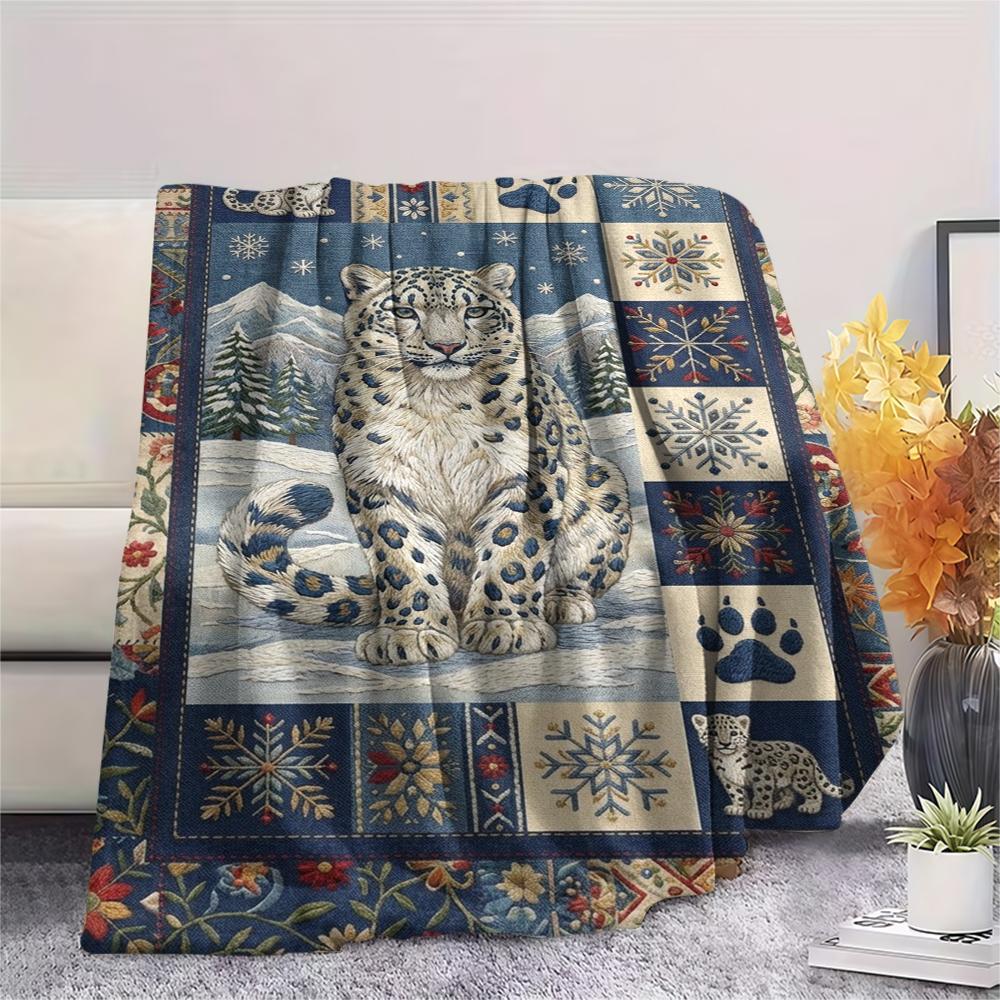 Snow Leopard Animal Print Flannel Blanket, High Quality Comfortable for All Seasons, Home Decor, Warmth and Comfort, Perfect for Christmas Gifts124