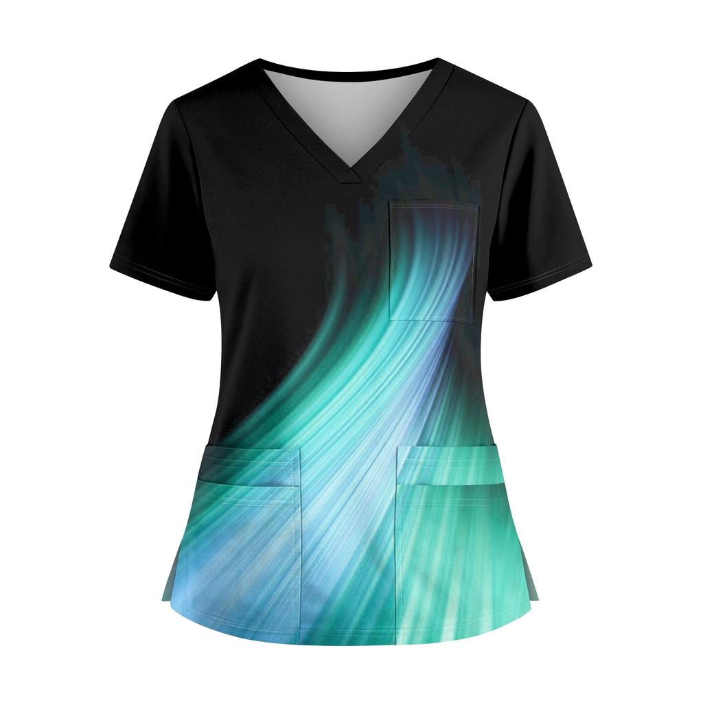 Plus SizePrinted Scrub Working Uniform Tops For Women's Cross V-Neck Halloween Print Short Sleeve Fun T-Shirts Workwear Tee With Pockets