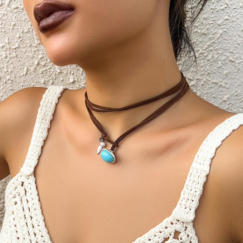 Ethnic Wind Turquoise Double Layer Korean Velvet Collarbone Chain Choker Sweet Cool Simple Necklace Female Jewellery
