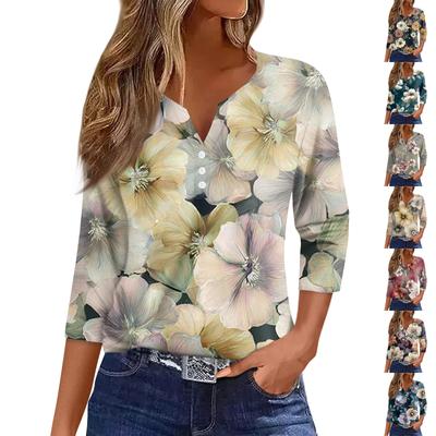 Women's Fashion Casual Floral Print V-Neck Decorative Button Three-quarter Sleeve T-Shirt Top