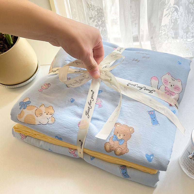 Ins Cute Blue Cat Bedding Sets 2025 New Soft Bed Sheet Set For Girls Washed Cotton Dormitory Quilt Set No Filling