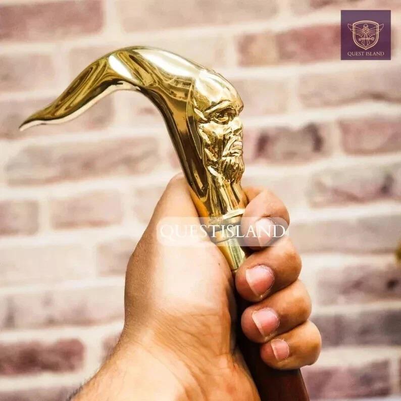 Old Man Handle Brass Wooden Victorian Foldable Cane Collectible