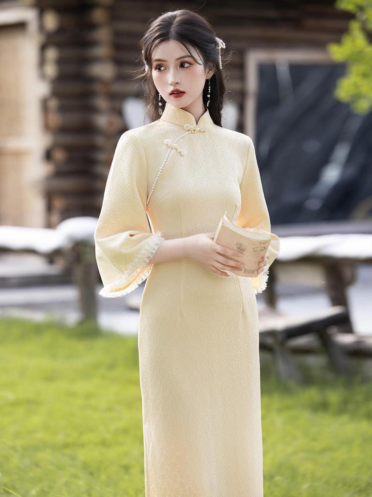 Elegant Yellow Pearwood Cheongsam - Spring/Autumn 2025 Collection, Long Sleeve, National Style