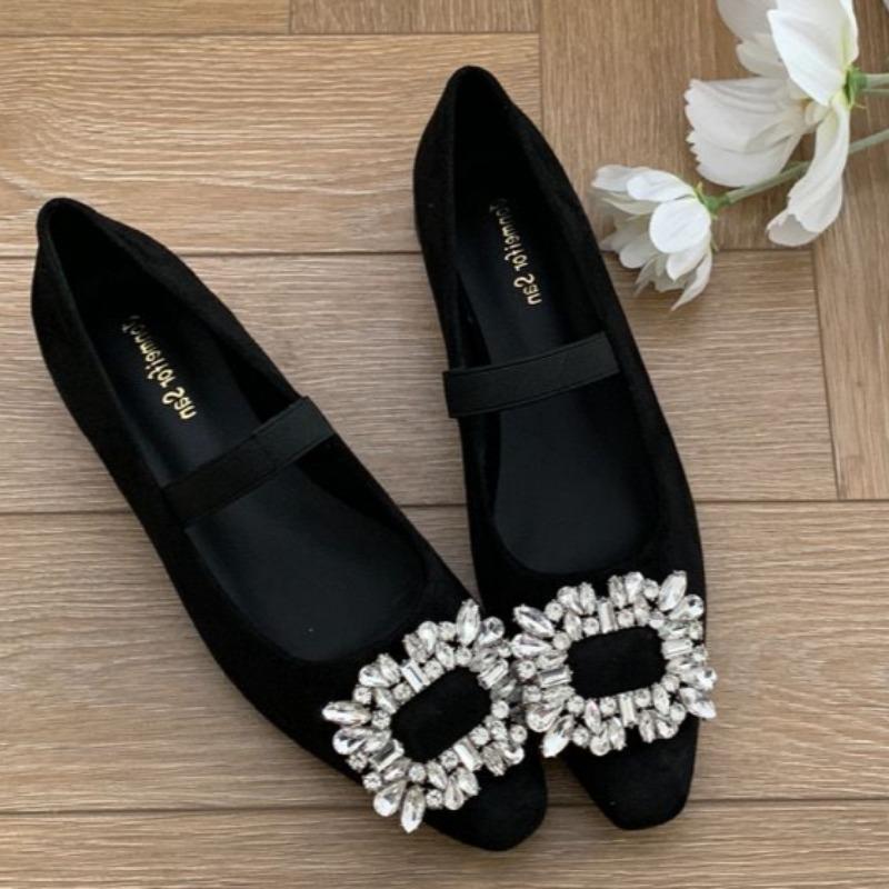 

Модная женская обувь на низком каблуке, весенняя новинка, с острым носком, с мелким вырезом, из замши с блестками, с пряжкой, на мягкой подошве, нескользящая, низкая 40 чёрный