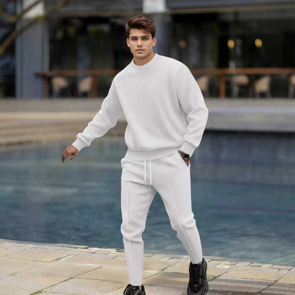 Men's Solid Color Pullover Long Sleeved Casual Sports Round Neck Top And Trousers Suit