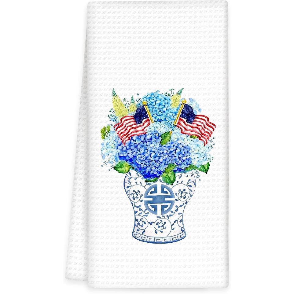 Hydrangea Patriotic n Kitchen Towels, 4th July Hydrangea Hand Towels, Blue Chinoiserie Grandmillennial Decorative Dish Tea Towel for Kitchen, Blue Blue Hydrangea