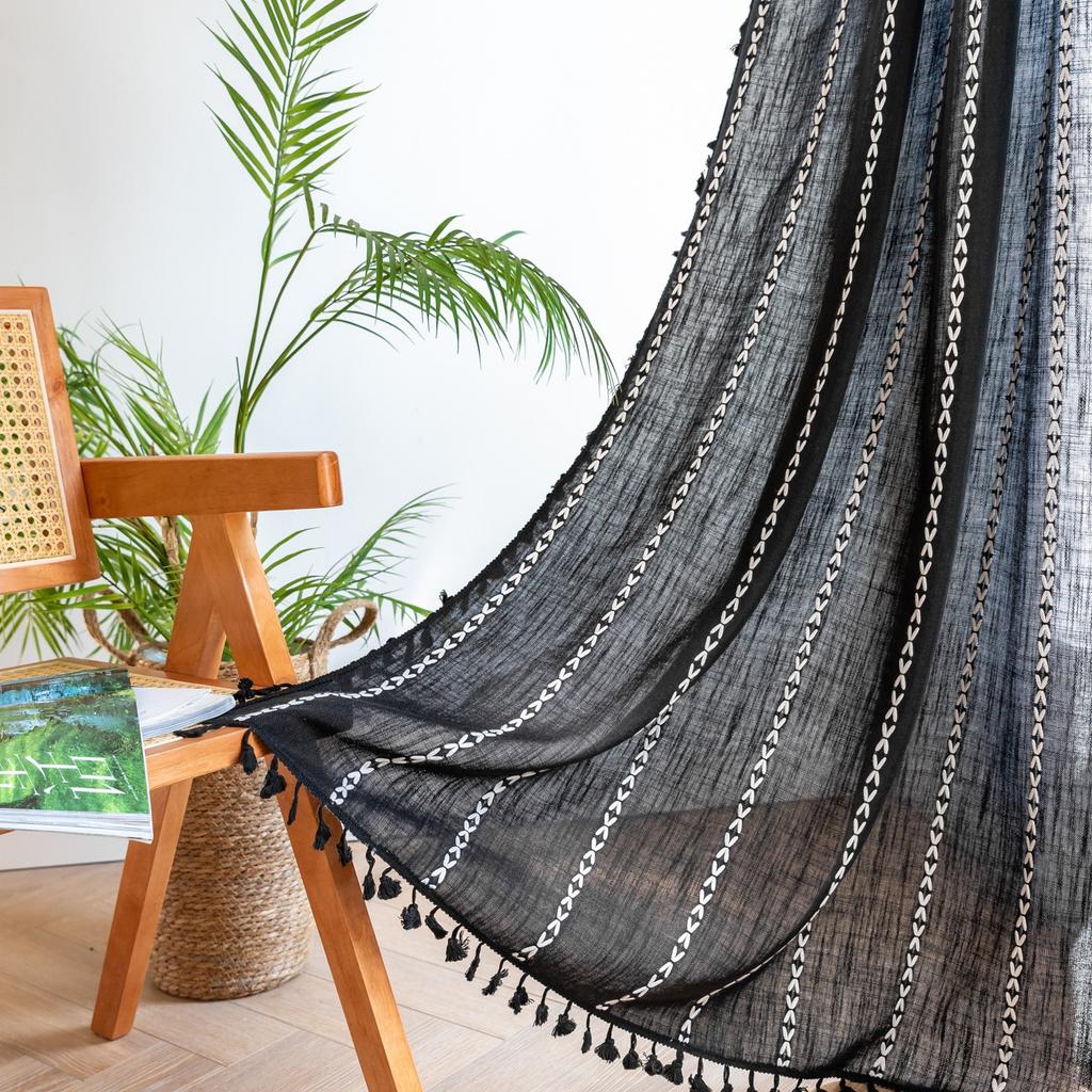 American Curtains Finished Thick Black Bohemian Semi-Blackout Room Living Room Decoration Balcony Floating Curtains