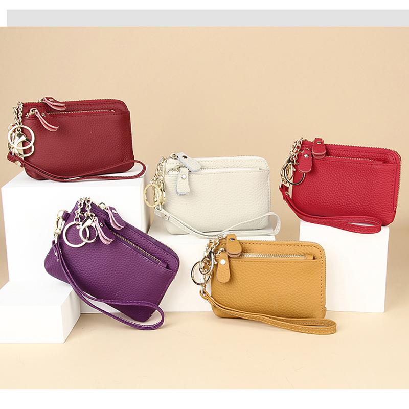 Women's Genuine Leather Mini Wallet Multi-Card Slots Coin Pouch with Keychain Handheld Zip Change Purse Stylish Compact Daily Accessory for Ladies