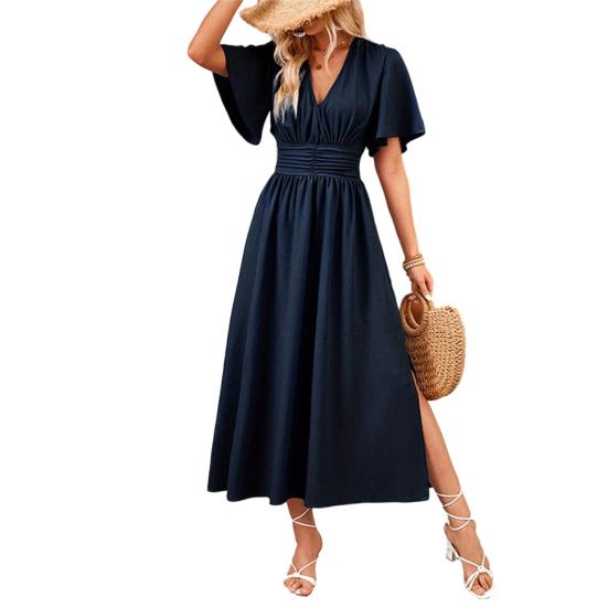 Women's Summer Dress, V Neck Short Sleeve Long Dress, Flowy A-line Slit Beach Sundress, Formal Cocktail Wedding Guest Dress
