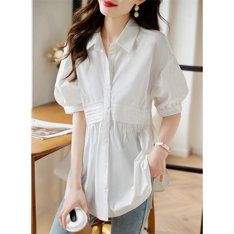 Women s Pleated Waist Short Sleeve White Shirt XL