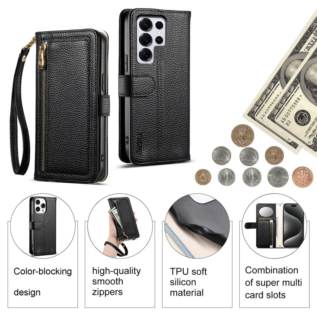 Skórzane etui na telefon dla serii Samsung Galaxy S23-S25 / serii A14-A56 z kieszonką na monety, przegródką na karty, lusterkiem i podstawką – wiele kolorów