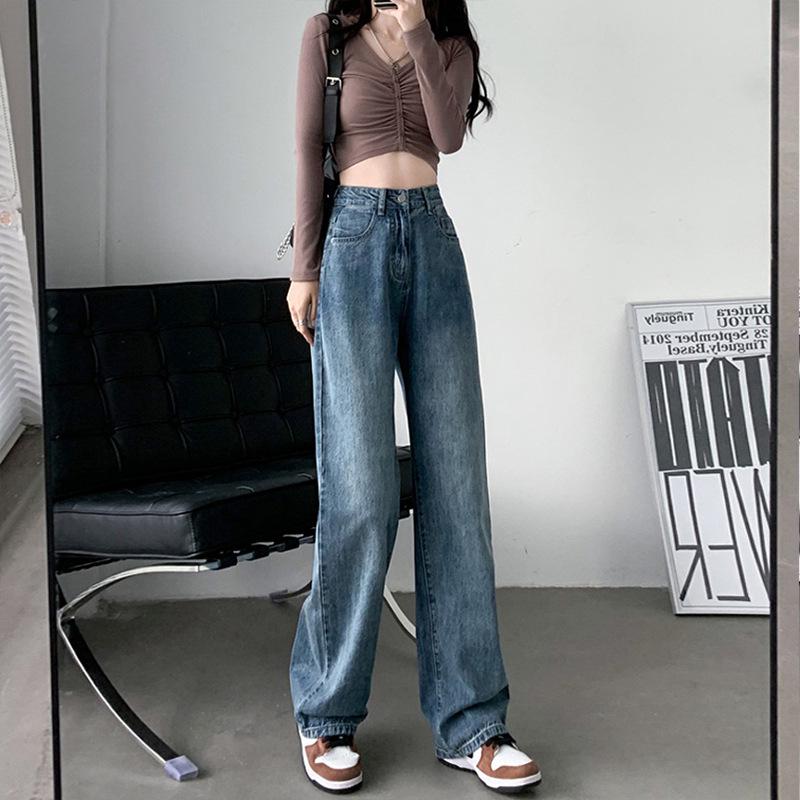 Korean-Style High-Waisted Wide-Leg Jeans for Women - Autumn/Winter, Loose Fit, Plus Size, Floor-Length Trousers