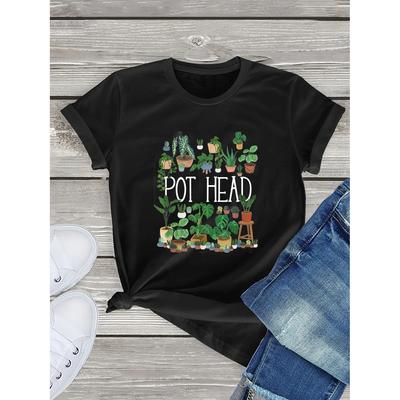 Pot Head Letter & Plants Print T-shirt, Casual Short Sleeve Crew Neck Top, Women's Clothing for Spring&Summer