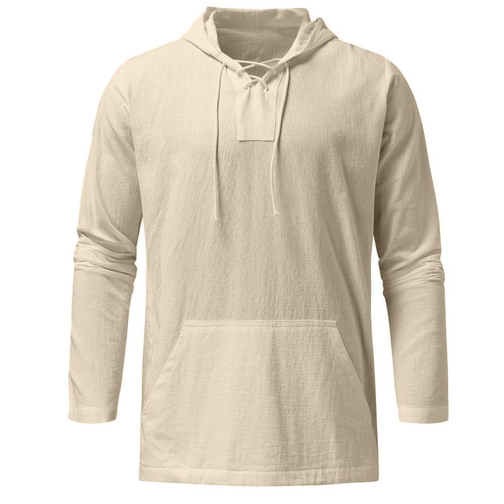 Men's Casual Solid-color Lace-up Hooded Long-sleeved T-shirt