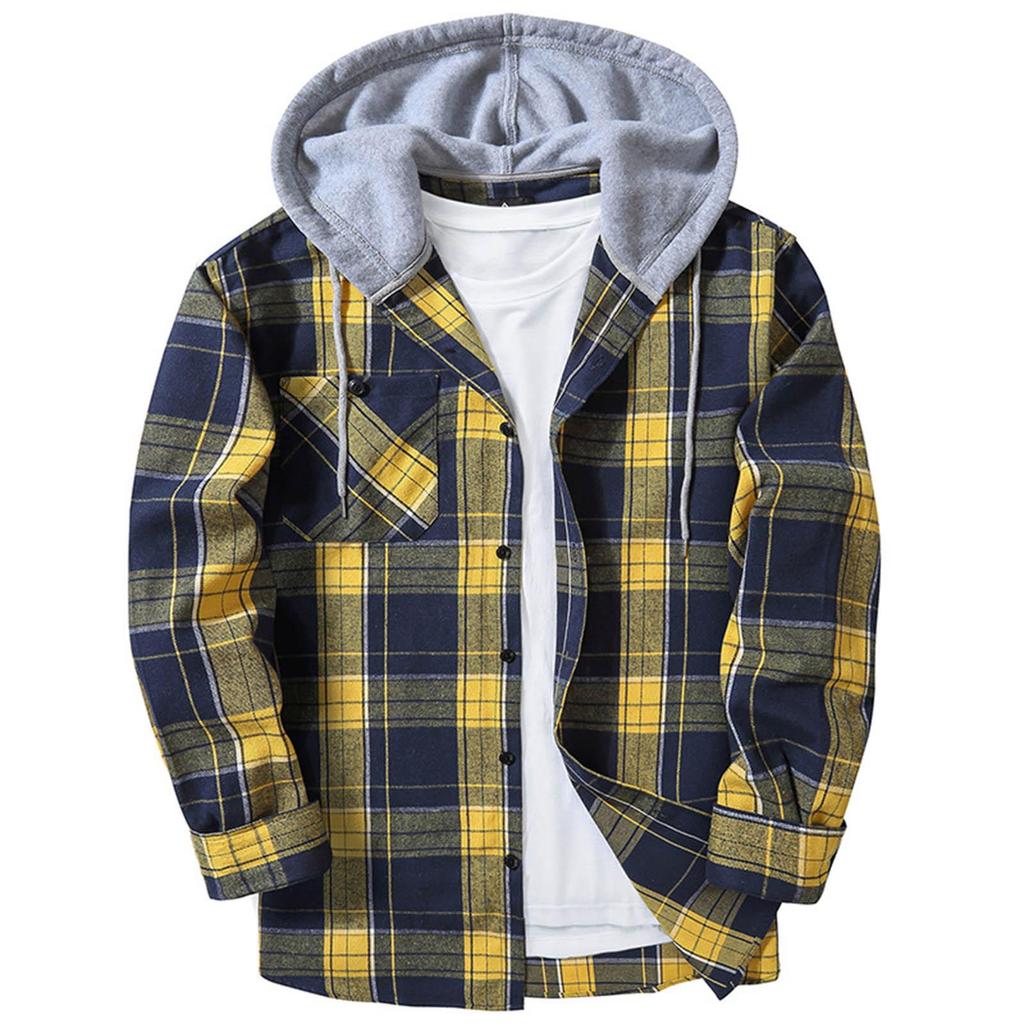 Men's Comfortable Long Sleeve Cardigan Hooded Long Sleeve Plaid Shirt Plus Size Casual Shirt