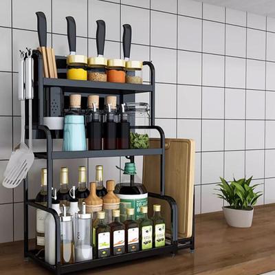 3-Tier Black Stainless Steel Kitchen Spice Rack with Utensil Holders