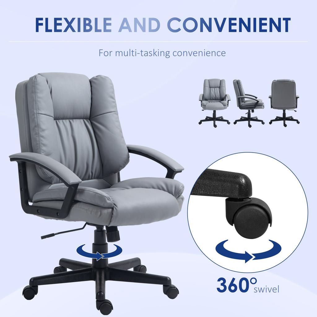 Desk Chair, PU Leather Office Chair with Adjustable Height and Swivel Wheels, for Home Work Study, Light Grey