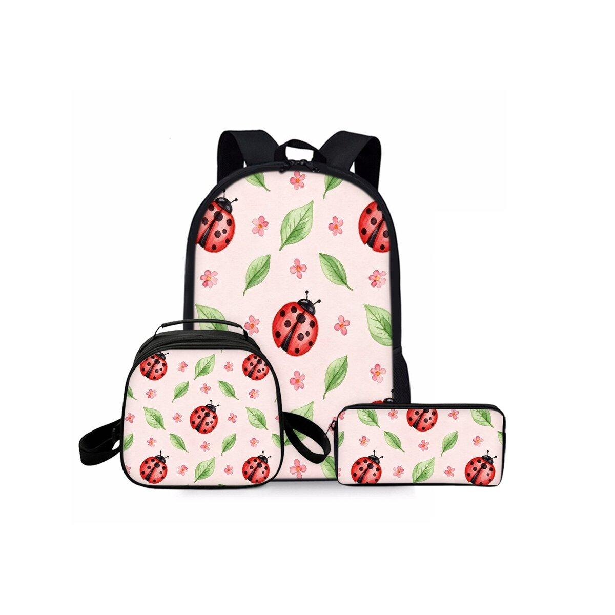 Ensemble trois pièces Coccinelle Fleur Champignon Imprimé Sacs à Dos pour Garçon/Fille Meilleur Cadeau Dessin Animé 2D Sac d'École Tendance pour Enfants