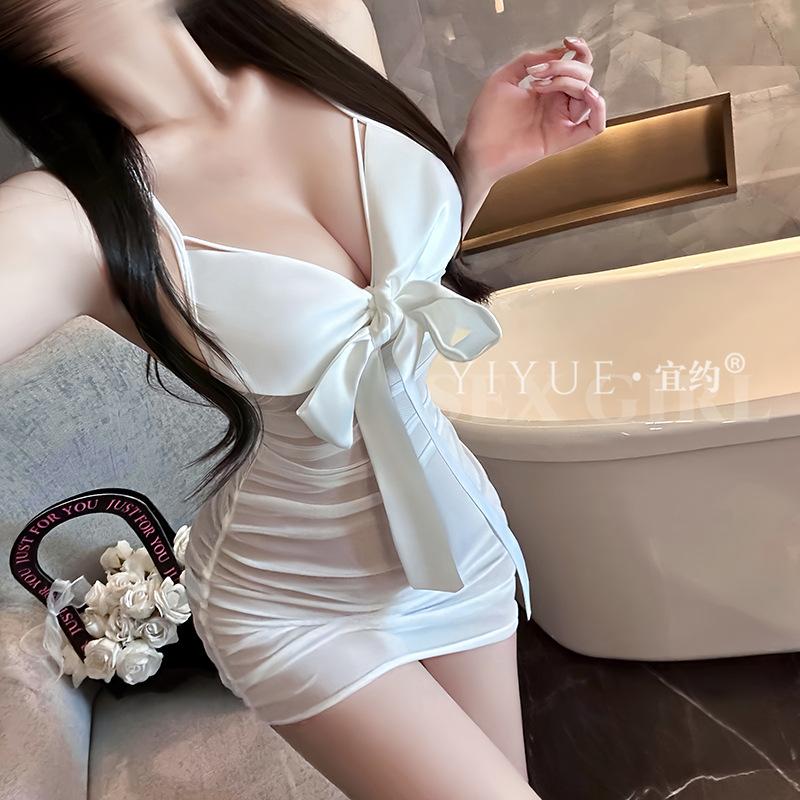 Erotic Underwear Sexy Pure Desire Bow Tie Nightgown Net See-through Pleated no-Take Pajama Women 1295