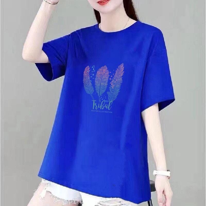 Cotton Casual Feather Pattern T-shirt Women Summer New O-collar Short Sleeve Slim Mid Length Version Loose Lady All-match Top