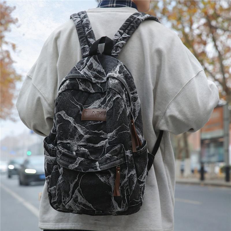 Denim Camouflage Backpack Casual Style Unisex School Bag Fashionable Travel Rucksack