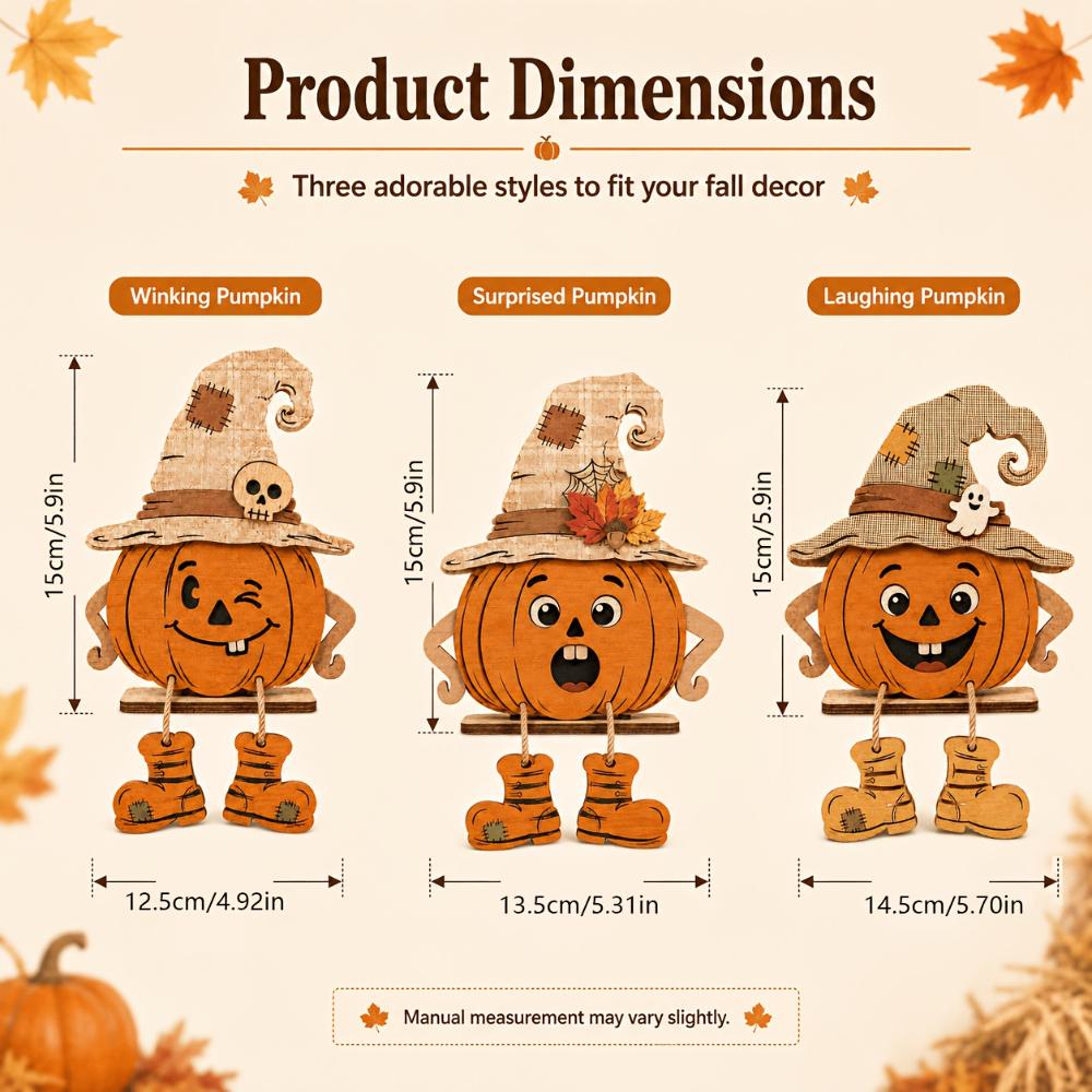 1Set Halloween Pumpkin Wooden Stand 3 Styles Cute Pumpkin Face Ornament Witch Hat Dangling Legs Tabletop Decor Fall Home Decor