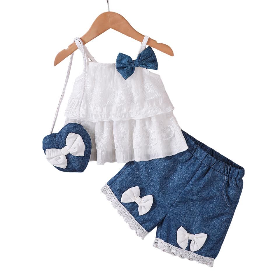 Fashion Big Bow Decor Ruffle Cami Top Denim Lace Trim+Shorts for 0-3Y Baby Girl 2Pcs Outfit Summer Sleeveless Infant Casual Clothes Set