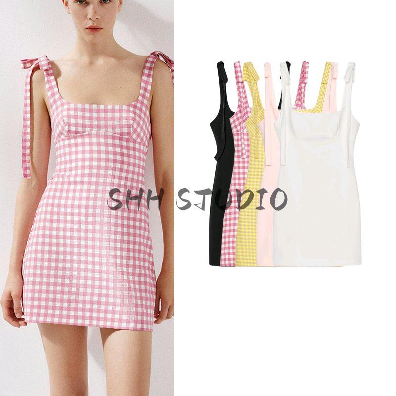 Summer New Product Women's Clothes French Straight Collar Sleeveless Bowknot Decoration Short Small Plaid Dress 2180305