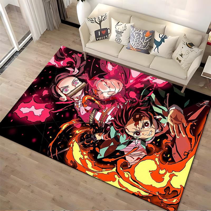 Anime Style Carpet with Fiery Red and Black Design, Bold Characters Suitable for Use As an Anti-slip for Living Room Bedroom Sofas