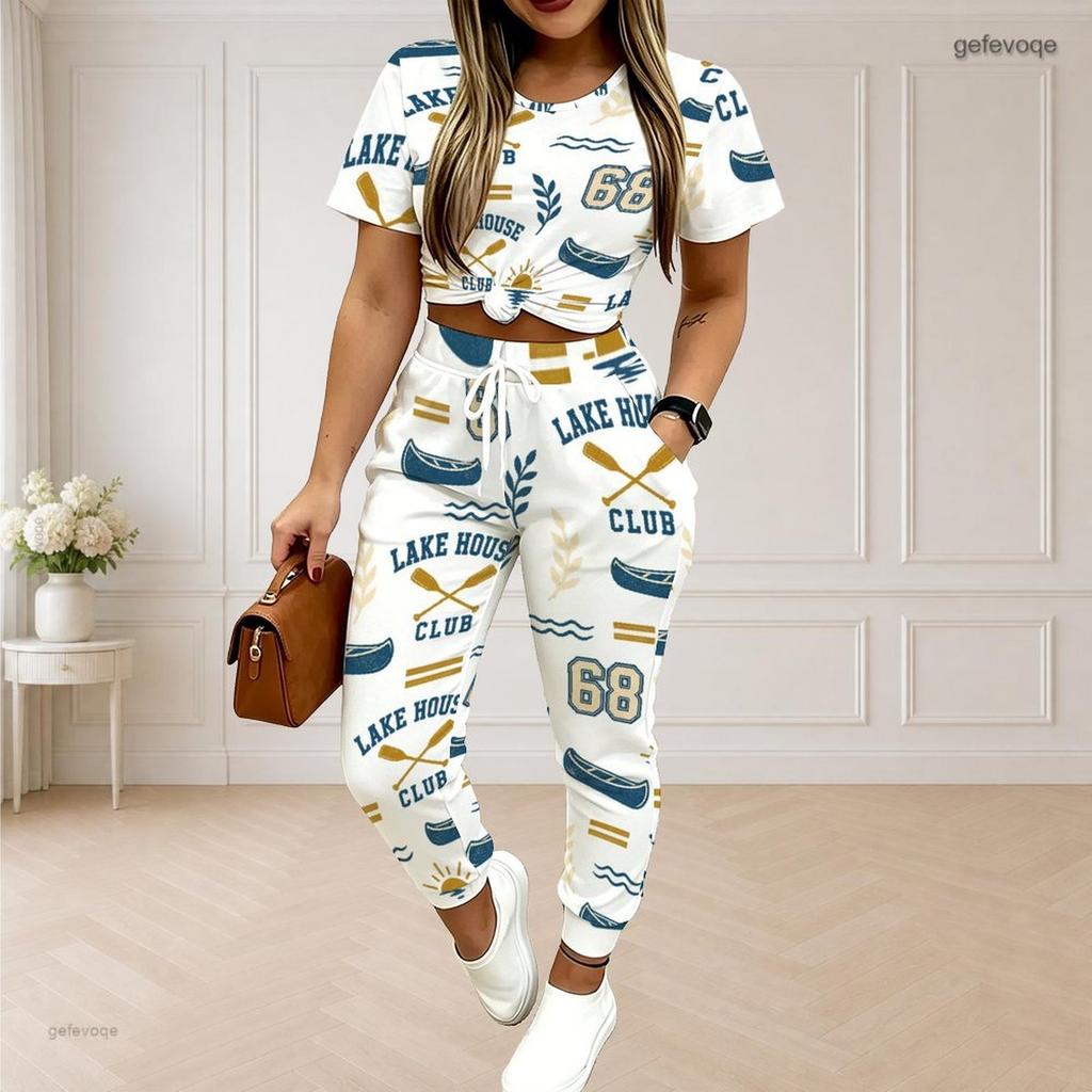 Women Plus Size Printed Round Neck Short Sleeve Top Drawstring Pocket Cuffed Pants Two Piece Set