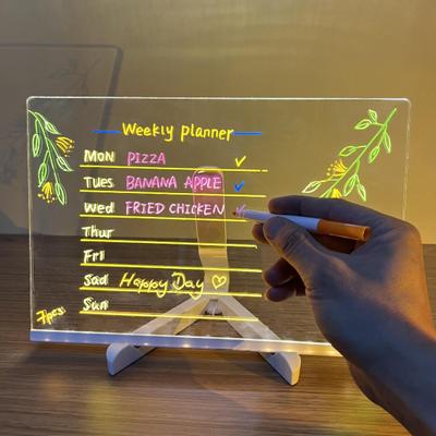 Placa de nota de led com suporte, canetas coloridas, acrílico transparente, apagador a seco, apagável, brilho, memo, led, carta, placa de mensagem para crianças
