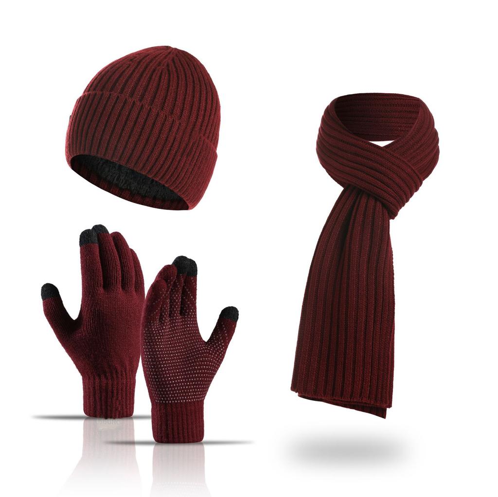 Unisex Custom Logo 3pcs Knitted Plain Polyester/Cotton Beanie Hat Scarf Gloves Set Long Warm Winter Clothing for Men Women