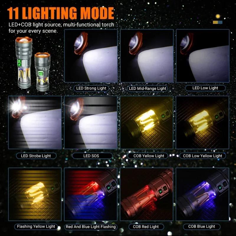 LED Flashlight Type-C Rechargeable Lighting Modes Dual Light Tactical Zoom Torch Outdoor Waterproof Emergency Camping Lantern