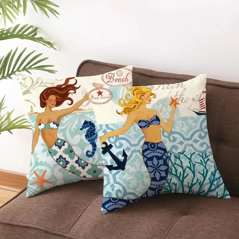 1PC Mermaid Sea Seahorse Octopus Print Pillowcase Ocean Organism Theme Pillowcase Living Room Sofa Cushion Cover Room 45x45cm