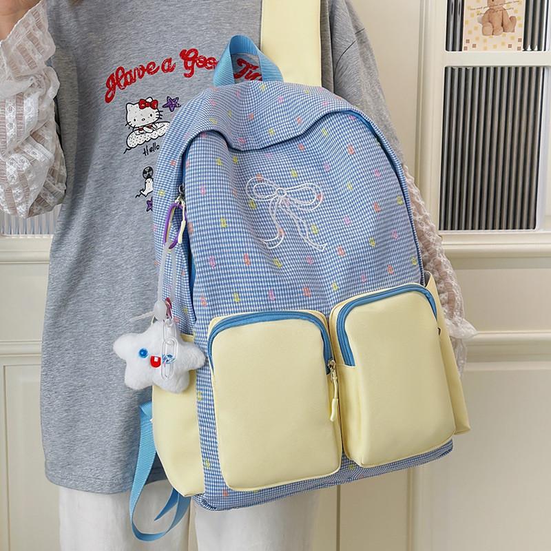 Fashion Color Blocked Bow Embroidery Colorful Polka Dot Pattern Student Backpack For Travel And School
