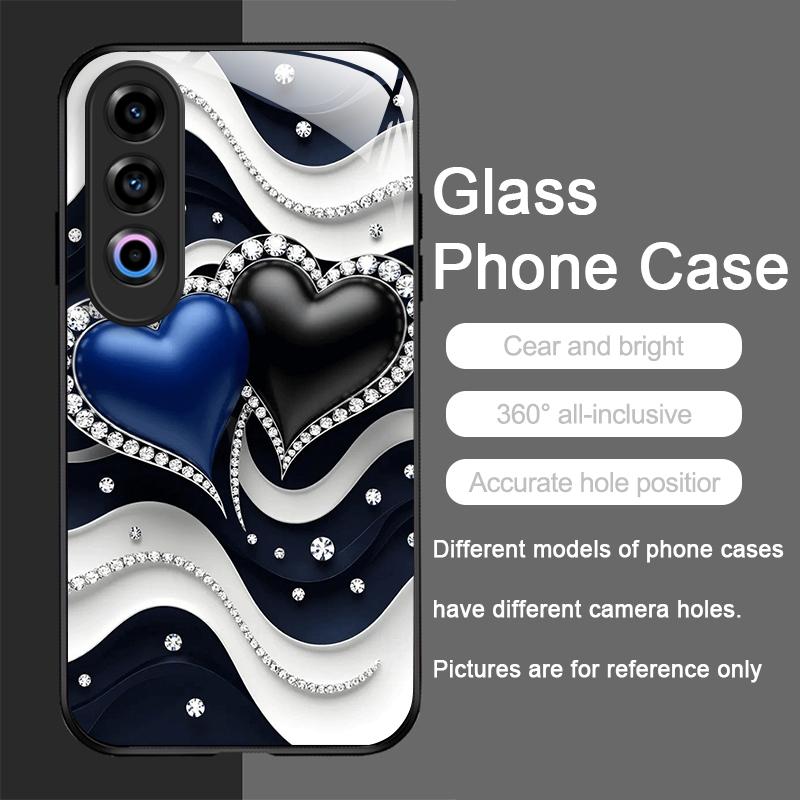 Stylish Black White Heart with Pearls Tempered Glass Phone Case for Oneplus 13R 12 11 10 9 Nord CE4 3 2 Lite ACE2 ACE3 Pro Cover