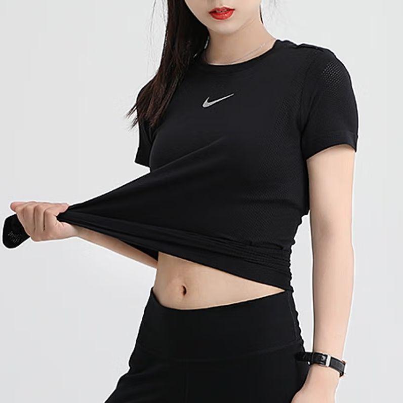 Nike Logo Print Quick-Dry Breathable Round Neck Short Sleeve T-Shirt Women Tops Black AT4546-010