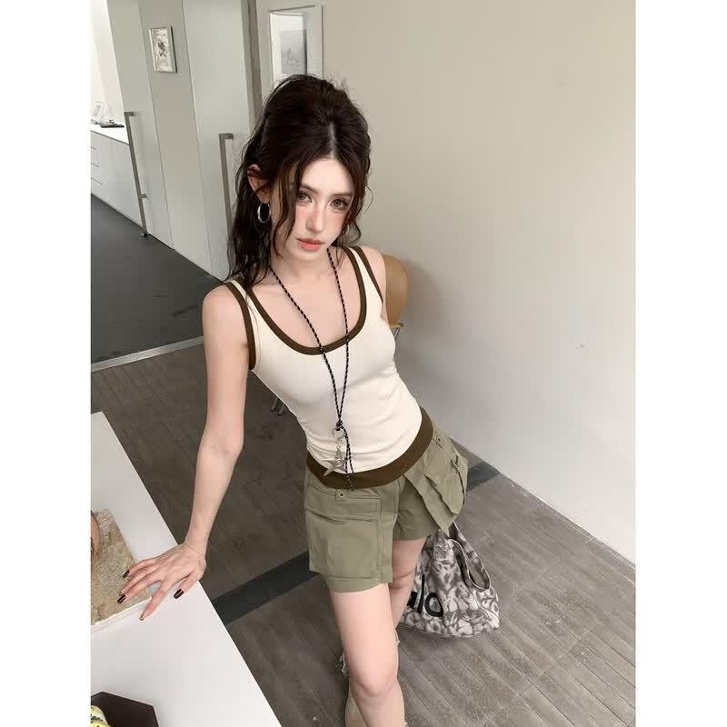Women s Colorblock Ribbed U-Neck Camisole Top M