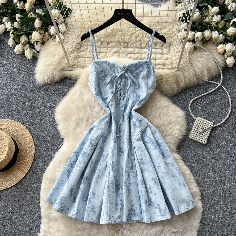Sweet girlish style strap waist A word suspender denim dress women's summer thin age-reducing strap short skirt